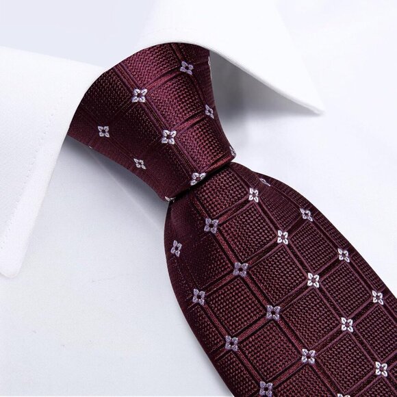 🆕Men Purple Plaid Silk Checkered Necktie Pocket Square Cufflinks Tie Clip Set - Picture 5 of 8